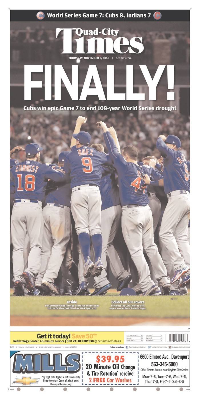 Chicago Cubs World Series Sports Section Front Page Poster 11/3