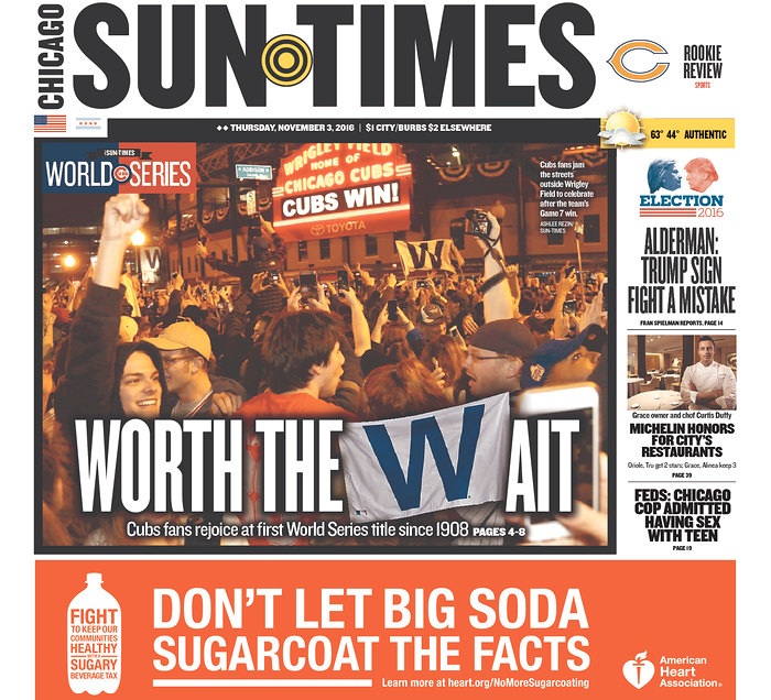 Here's what the Cubs' 1st World Series win in 108 years looks like on  newspaper front pages 