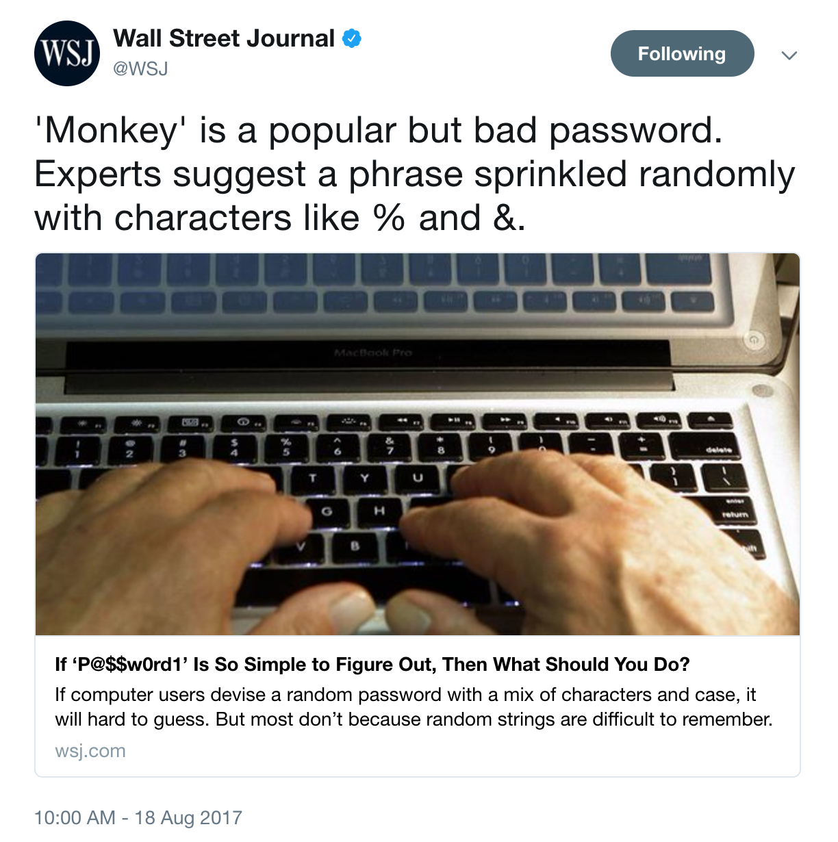 screen shot of Wall Street Journal tweet about passwords