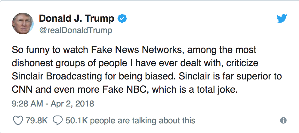 President Trump supports Sinclair in a Twitter post this week