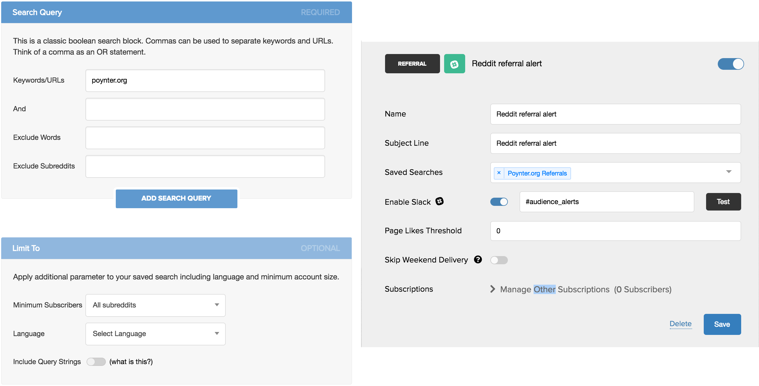 Reddit Crowdtangle settings