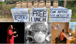 From top: Someone has been setting up a table of free bagged lunches for those in need outside the Arundel Beach Road traffic circle in Severna Park.(Selene San Felice/Capital Gazette) Bottom right: Sydney Hoover covers schools in Eudora, Kansas from her home in De Soto, Kansas. (Image courtesy Sydney Hoover) Bottom middle: Arlene Van Dyk is a critical care nurse at Holy Name Medical Center in Teaneck. (Photo: Jeff Rhode Holy Name Hospital/Special to NorthJersey.com) Bottom left: Storytellers project founder and director, Megan Finnerty. (Photo: Jeremiah Toller)