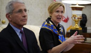 White House coronavirus response coordinator Dr. Deborah Birx, right, speaks as Director of the National Institute of Allergy and Infectious Diseases Dr. Anthony Fauci listens at the White House last month. (AP Photo/Evan Vucci)