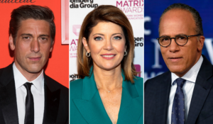 Left to right, anchors David Muir (ABC), Norah O’Donnell (CBS) and Lester Holt (NBC). (Photo composite: Charles Sykes/Invision/AP, Andy Kropa/Invision/AP, Richard Drew/AP)