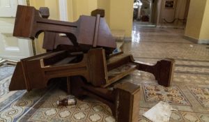 Damage is visible in the early morning hours of Thursday, Jan. 7, 2021, after protesters stormed the Capitol in Washington, on Wednesday. (AP Photo/Andrew Harnik)