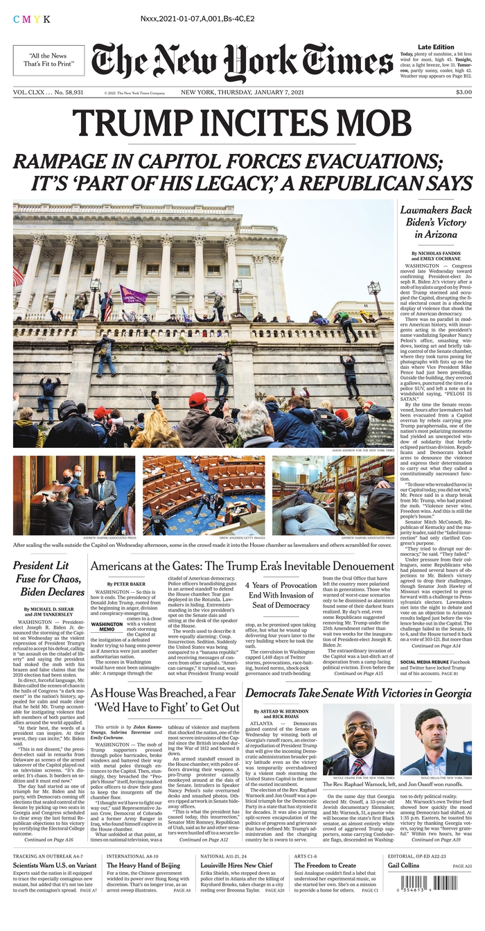 On front pages after pro-Trump mob storms Capitol: 'Chaos ...