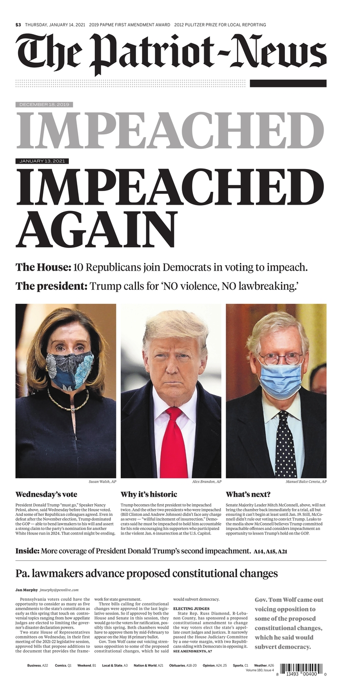 Front pages on Trump's impeachment: 'Again.' - Poynter