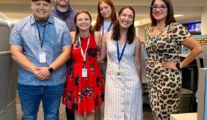 The Dallas Morning News is one of a handful of newsrooms with labs devoted to covering education. From left on front row: Brayden Garcia (former Ed Lab intern who is now at the Fort Worth Star-Telegram), Emily Donaldson, Talia Richman, Eva-Marie Ayala. Back row: Corbett Smith and Valeria Olivares. (Courtesy Eva-Marie Ayala)