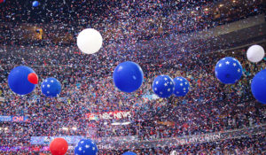 Philadelphia, PA/USA July 28, 2016: After Secretary Clinton completes her address at the Democratic National Committee Convention the ballon drop followed.