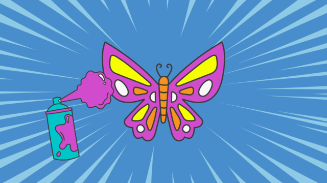 an illustration of a butterfly and a spray paint can