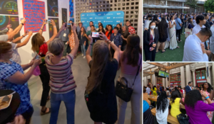 Clockwise from left: the AAJA opening reception, an NABJ-NAHJ reception hosted by TEGNA, the staff of Indian Country Today at off-site NAJA social. (Photos: Doris Truong)