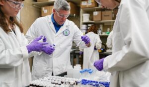 Eric Kleiner, center, sorts samples for experimentation as part of drinking water and PFAS research at the U.S. Environmental Protection Agency Center For Environmental Solutions and Emergency Response, Thursday, Feb. 16, 2023, in Cincinnati. (AP Photo/Joshua A. Bickel)