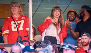 Donna Kelce, left, mother of Chiefs tight end Travis Kelce watched the game with pop superstar Taylor Swift, center, during the first-half on Sunday, Sept. 24, 2023, at GEHA Field at Arrowhead Stadium in Kansas City. (Tammy Ljungblad/The Kansas City Star)