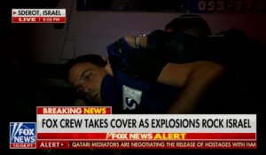 Fox News reporter Trey Yingst and his crew take cover from bombings while covering the war in Israel. (Courtesy: Fox News)