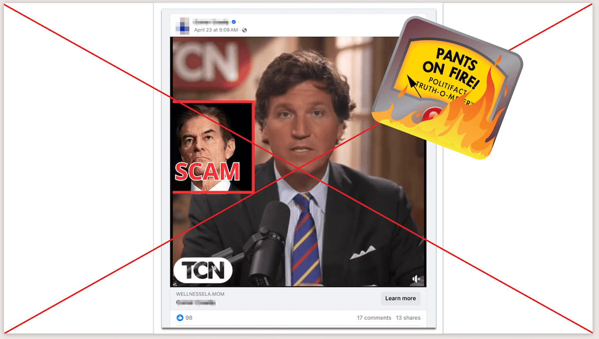 A screenshot of a video on social media showing former Fox News host Tucker Carlson, with a red X and the PolitiFact Pants on Fire! label.