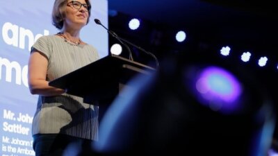 Angie Drobnic Holan, director of the International Fact-Checking Network at Poynter, speaks to the crowd on the opening day of GlobalFact 11 in Sarajevo in June 2024. The fact-checking conference drew more than 500 attendees from around the world. Credit: Vanja Čerimagić