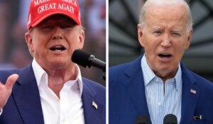 Former President Donald Trump, left, and President Joe Biden, each in photos from this month. (AP Photo, File)