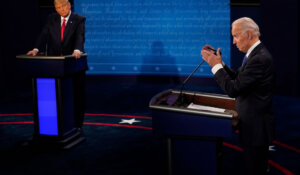 Former President Donald Trump, left, and President Joe Biden during Thursday night’s presidential debate. (AP Photo/Morry Gash)