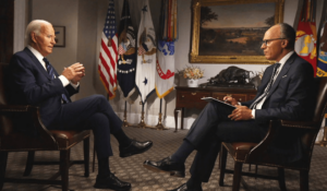 President Joe Biden, left, being interviewed by NBC News’ Lester Holt on Monday at the White House. (Courtesy: NBC News)