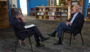 ABC News’ George Stephanopoulos, left, interviews President Joe Biden last week in Wisconsin. (Courtesy: ABC News)