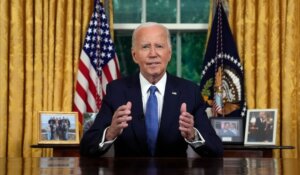 President Joe Biden addresses the nation from the Oval Office of the White House on Wednesday. (AP Photo/Evan Vucci)