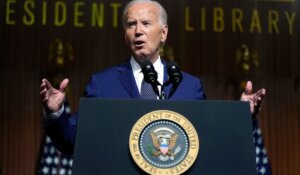 President Joe Biden, speaking at the LBJ Presidential Library in Austin, Texas. (AP Photo/Manuel Balce Ceneta)