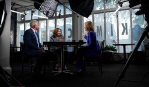 CNN’s Dana Bash, right, interviews Vice President Kamala Harris, center, and Minnesota Gov. Tim Walz on Thursday. (Photo courtesy of CNN)