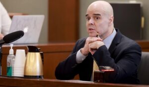 Robert Telles answers questions on the witness stand during his murder trial last week in Las Vegas. (K.M. Cannon/Las Vegas Review-Journal via AP, Pool)