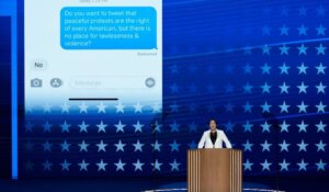 Stephanie Grisham, former Trump White House Press Secretary, speaking at the Democratic National Convention on Tuesday. (AP Photo/J. Scott Applewhite)