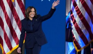 Democratic presidential nominee Vice President Kamala Harris walks on stage to speak during the Democratic National Convention on Thursday night. (AP Photo/J. Scott Applewhite)