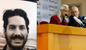 Marc and Debra Tice, the parents of Austin Tice — who is shown in photo on left — speak during a press conference in Beirut, Lebanon in 2018. (AP Photo/Bilal Hussein, File)