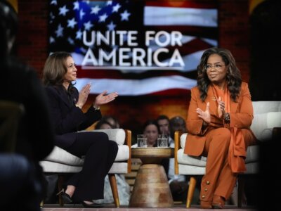 Democratic presidential nominee Vice President Kamala Harris joins Oprah Winfrey at Oprah's Unite for America Live Streaming event Thursday, Sept. 19, 2024 in Farmington Hills, Mich. (AP Photo/Paul Sancya)