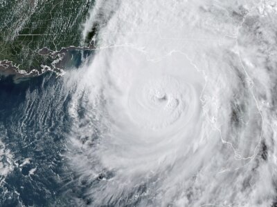 A satellite image taken at 5:46 p.m. EDT and provided by National Oceanic and Atmospheric Administration shows Hurricane Helene in the Gulf of Mexico moving towards Florida, Thursday, Sept. 26 2024. (NOAA via AP)