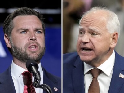 This combination of photos shows Republican vice presidential nominee Sen. JD Vance, R-Ohio, left, on Aug. 6, 2024, in Philadelphia, and Democratic vice presidential candidate Minnesota Gov. Tim Walz, Aug. 9, 2024, in Glendale, Ariz. (AP Photo)