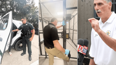 A Volusia County deputy deputy ushers a sixth-grade child out of a police car before perp walking him to a cage. Mike Chitwood (right), Volusia County sheriff, explains that he plans to post mugshots of children who have been arrested for threatening school violence. (Volusia County Sheriff's Office)