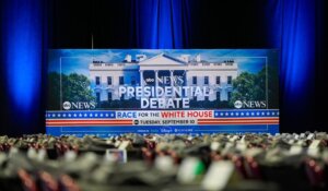 Signage at the media filing center on Monday, ahead of tonight's presidential debate between former President Donald Trump and Vice President Kamala Harris in Philadelphia. (AP Photo/Pablo Martinez Monsivais)