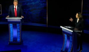 Former President Donald Trump and Vice President Kamala Harris, during Tuesday night’s presidential debate in Philadelphia. (AP Photo/Alex Brandon)