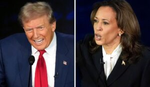 Former President Donald Trump, left, and Vice President Kamala Harris during Tuesday night’s presidential debate in Philadelphia. (AP Photo/Alex Brandon)