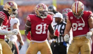 San Francisco 49ers defensive lineman Nick Bosa, far right, leads his teammates in a dance to celebrate a sack in a game on Nov. 10. (AP Photo/Peter Joneleit)