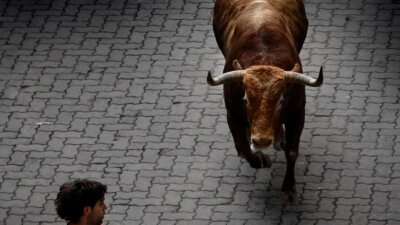 A revelers is chased by a Torrehandilla's ranch fighting bulls during the running of the bulls of the San Fermin, in Pamplona, Spain, Saturday, July 14, 2012.(AP Photo/Daniel Ochoa de Olza)