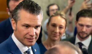 Pete Hegseth, President-elect Donald Trump's choice to be defense secretary, meeting with reporters on Capitol Hill on Wednesday. (AP Photo/Mark Schiefelbein)