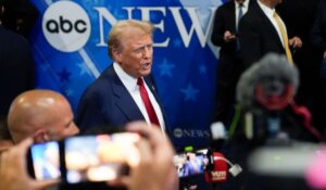 Donald Trump, with the ABC News logo behind him, following his September debate with Kamala Harris. (AP Photo/Matt Rourke)