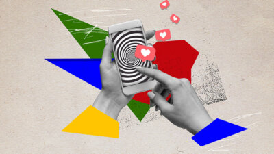 Human hands holding mobile phone with hypnotic screen. Many social media likes. Popularity and internet addiction. Contemporary art collage. Creative design. Concept of modern technologies, surrealism