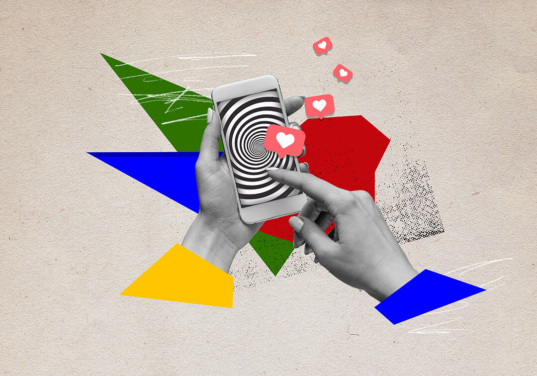 Human hands holding mobile phone with hypnotic screen. Many social media likes. Popularity and internet addiction. Contemporary art collage. Creative design. Concept of modern technologies, surrealism