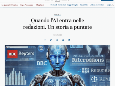 The Il Foglio website shows an article and image generated entirely by artificial intelligence. (Screenshot/Il Foglio)