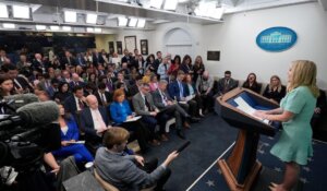 White House press secretary Karoline Leavitt speaks with reporters in the James Brady Press Briefing Room at the White House on March 11. (AP Photo/Alex Brandon)