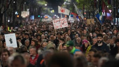 Protesters rally against government pressure and hate speech targeting university students and their professors, who have been behind months of anti-corruption demonstrations in Belgrade, Serbia, Monday, March 31, 2025. (AP Photo/Darko Vojinovic)