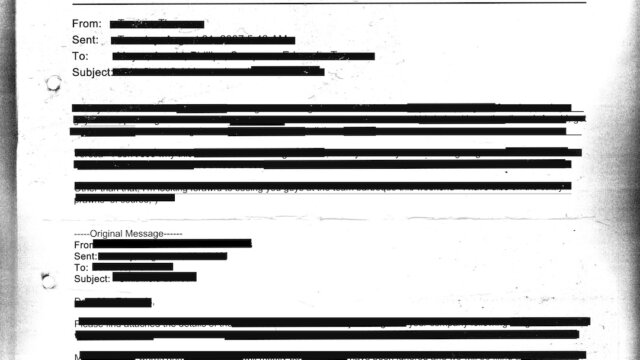 Redacted email texture on photocopied sheet with hole punch marks - entirely censored