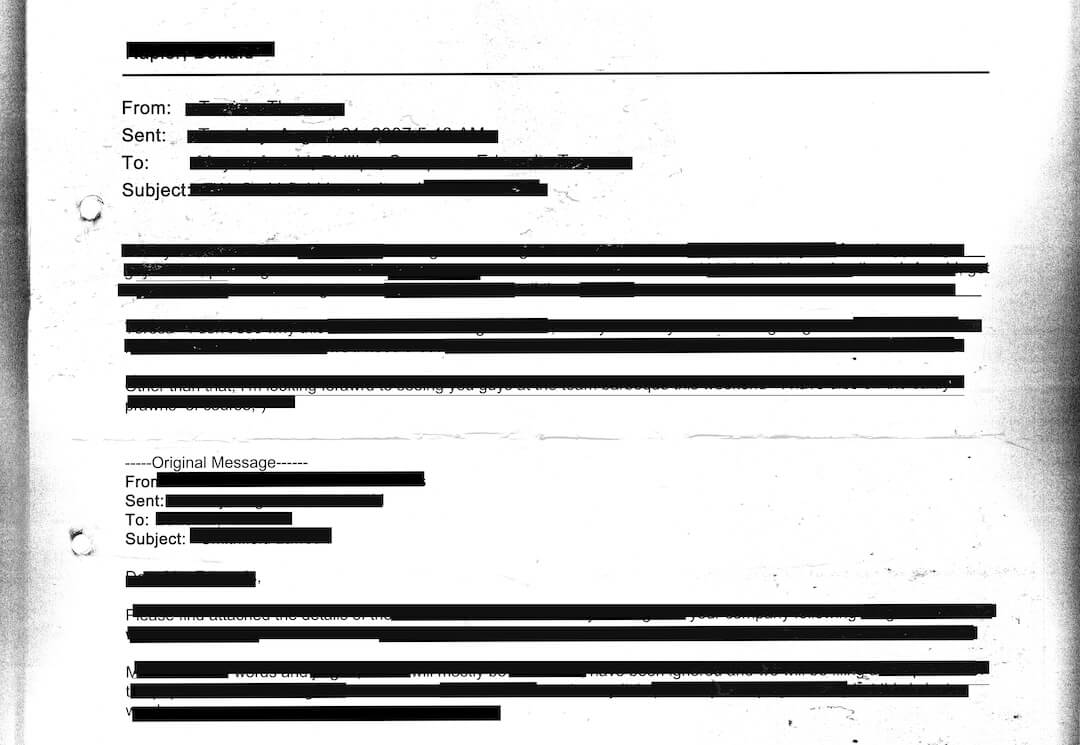 Redacted email texture on photocopied sheet with hole punch marks - entirely censored